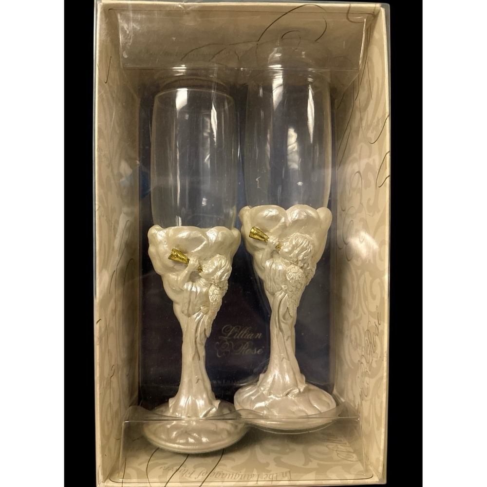 Set Of 2 Vintage Cherubs CHAMPAGNE TOASTING Resin Glass FLUTES Holy Angels